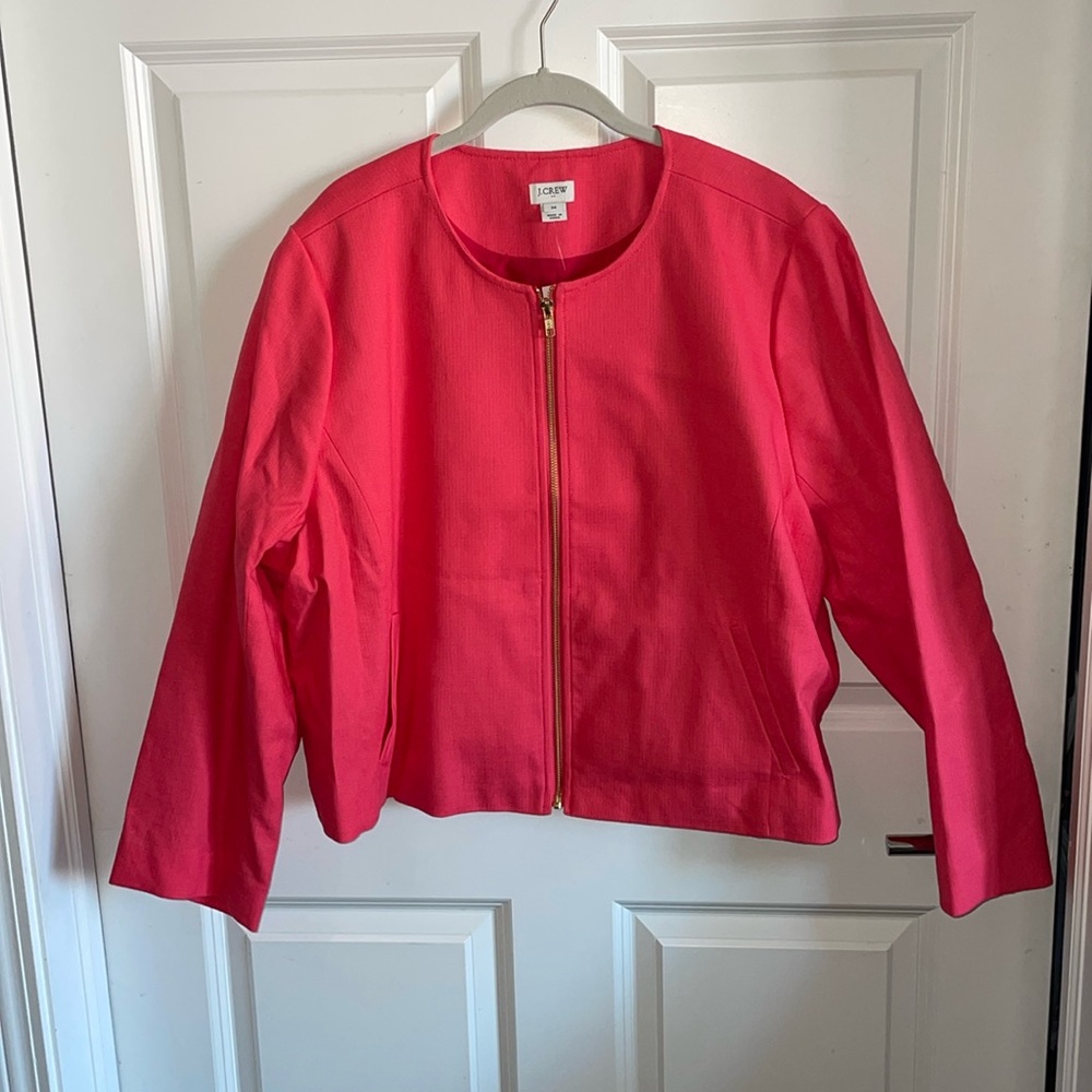 J Crew women’s coral/pink blazer with gold zipper. Size 24. NWT